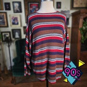 Vintage 90s Red Camel Striped Knit Sweater Mens Large Grunge Oversized Slouchy